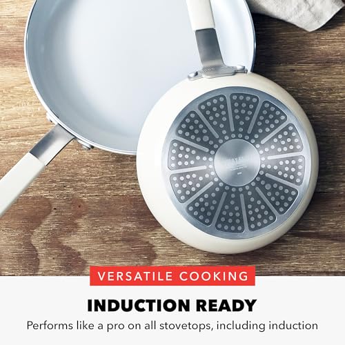GreenPan x Bobby Flay 13 Piece Nonstick Cookware Pots and Pans Set, PFAS-Free Diamond Ceramic, Induction Suitable, Easy Clean Dishwasher & Oven Safe, Stay-Cool Silicone Handles, Glass Lids, Cream - Image 6