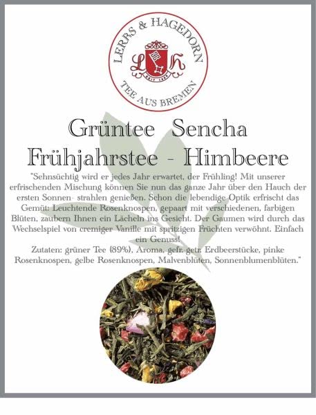 Lerbs & Hagedorn, Grüntee Sencha Frühjahrstee | Erfrischend Fruchtig Vanille 1kg (ca. 81 Liter) Mit Pinken Und Gelben Rosenknospen