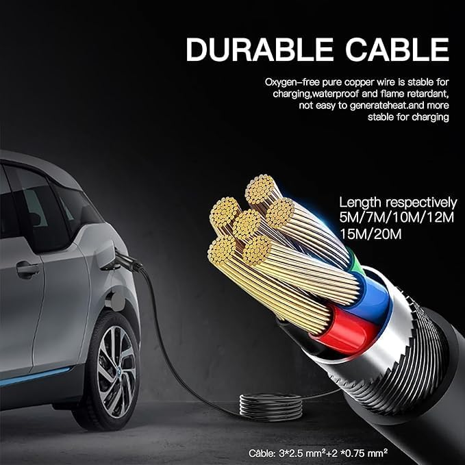 Diagram showing the internal structure of the durable charging cable and available lengths.
