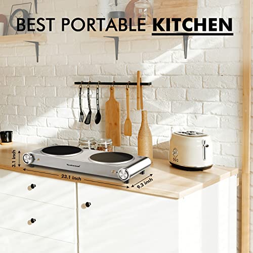 Hot Plate, Techwood Electric Stove Countertop Double Burners For Cooking Infrared Ceramic 1800W Dual Cooktop With Adjustable Temperature Control Brushed Stainless Steel Easy To Clean Upgraded Version #TOP4