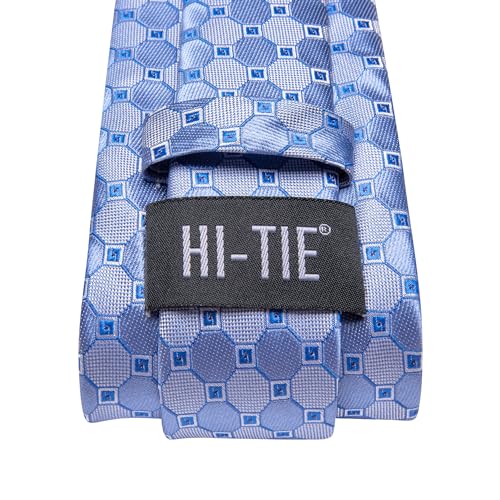 Image of Hi-Tie Sky Blue Mens Ties Light Blue Plaid Necktie for Men Novelty Tie Handkerchief Cufflinks Lapel Pin Set Wedding Business, Medium