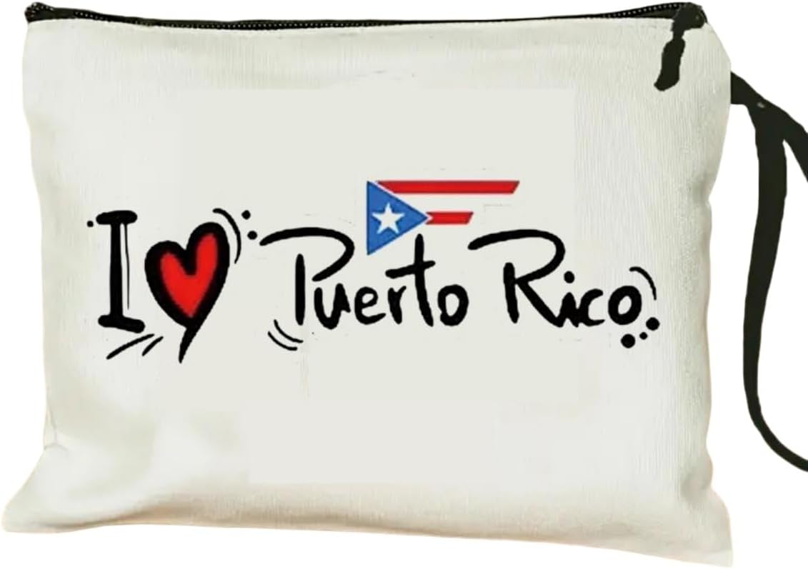 I Love Puerto Rico Polyester Makeup Bag with Hand Strap - Portable Zippered Cosmetic Organizer, Lightweight Travel Toiletry Pouch Portable Cosmetic Bag,Gifts for Travel Enthusiasts (FD0054)