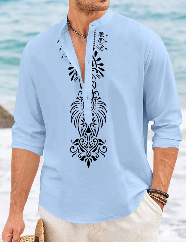 Image of FINIVO FASHION Men's Cotton Blend Short Kurta with Bold Printed Front Design | Full Sleeve Ethnic Casual Kurta with Mandarin Collar | Artistic Festival & Travel Wear for Modern Ethnic Style