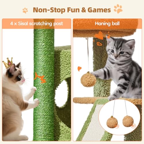 Image of Taoqimiao Cactus, Cat Tree, 38.5In Cat Tower for Indoor Cats, for Kittens | Thick Padded Top Perch, Luxurious Cat Condo, Adjustable Basket, 1-Piece Ramp Scratcher, 3 Natural Sisal Posts, MS029ST