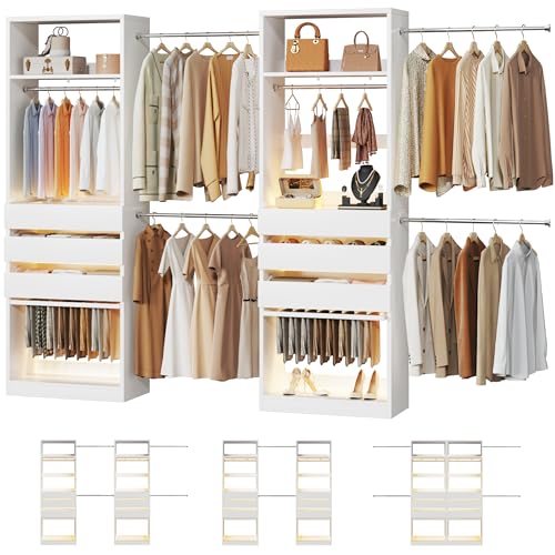 Closet System, 5.7-10.4FT Closet Organizer System with 6 Wood Drawers & LED Glasstop, Wood Walk-in Closet with 5 Hanging Rods & Trouser Rack, Built-in Wardrobe Garment Rack with Shelves & Tower,White