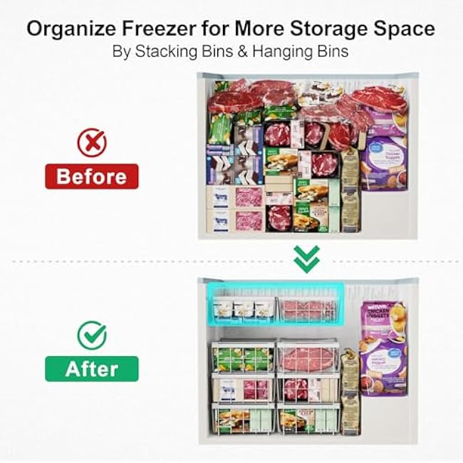 iSPECLE Chest Freezer Organizer - 2 Pack Hanging Freezer Organizer Bins with Expandable Handle for 10 to 20 Cu.Ft, Sort and Easy Slide to Get Bottom Frozen Food, Sturdy Baskets, White