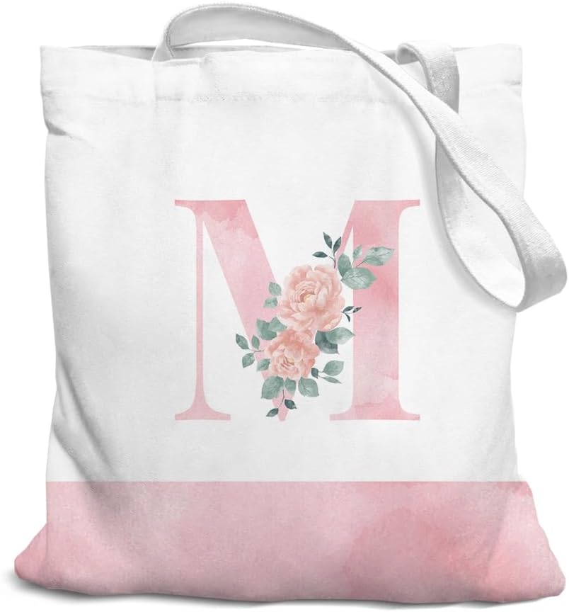 Pink Initial Flower Coquette Canvas Tote Bag for Women & Teens