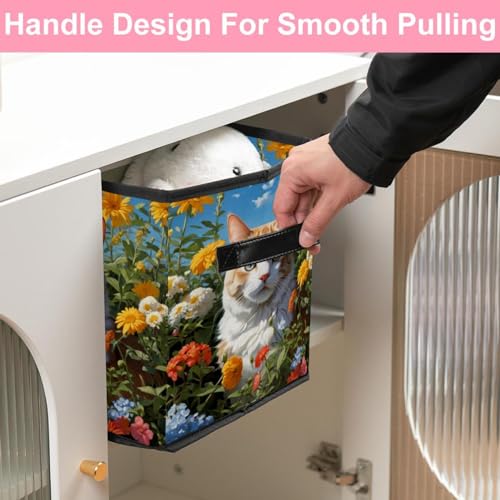 Bac de rangement cube pliable avec poignées cuir motif chat et fleur
