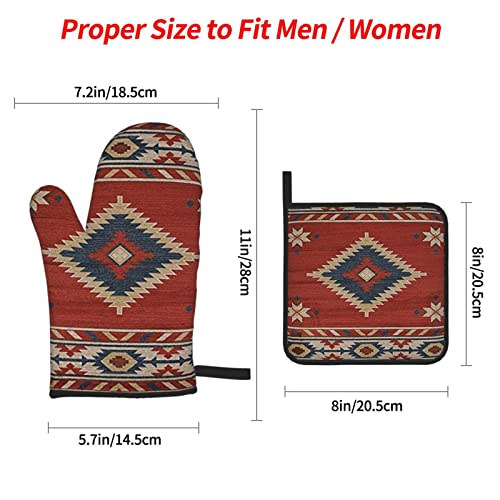 Southwestern Geometric Native American Oven Mitts And Pot Holders Sets Of 4,Resistant Hot Pads With Non-Slip Bbq Gloves For Kitchen,Cooking,Baking,Grilling #TOP4