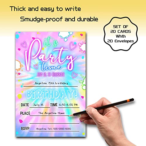 Party Time - Birthday Invitation Card 4\"x 6\" - Bday Invite Ideas For Young Girls Boys Adult - 20 Count Invitation Cards With Envelopes (invite-C03) - Thumbnail 3