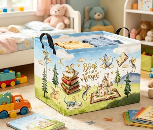 Image of Rectangular Baby Kids Storage Basket for Home Kitchen Girls Cute Toy Storage Bin Organizer Shelf Book Room Decor(Magic Dinosaur)