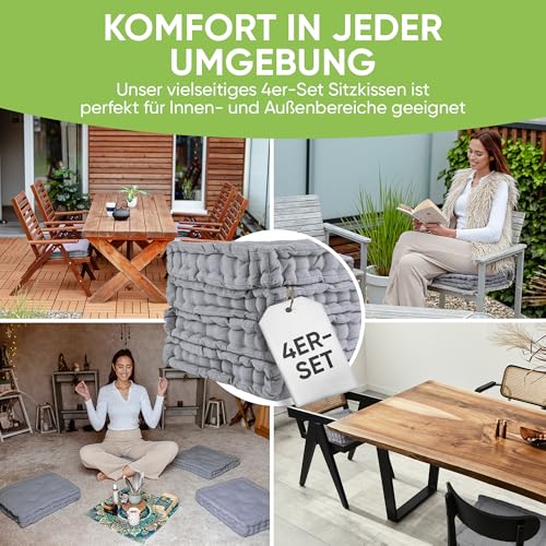 Gräfenstayn® 4er-Set Sitzkissen Stuhlkissen 40x40x8cm für Indoor und Outdoor aus 100% Baumwolle Dicke Polsterung Steppkissen/Bodenkissen (Grau)