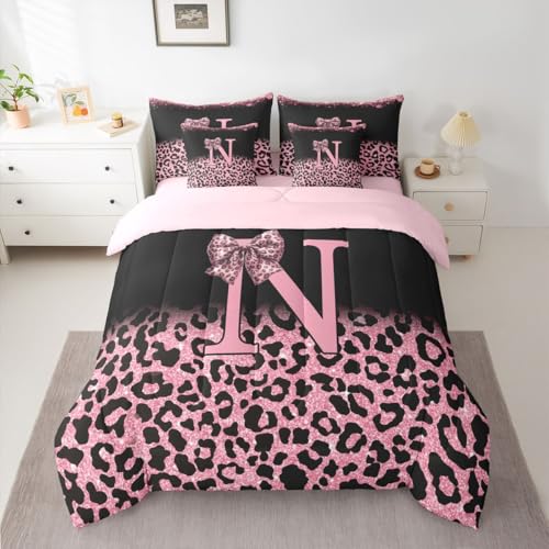 Image of Feelyou Pink Leopard Bow Comforter Set with Sheets 7 Piece Full Size Initial Letter N Bed in a Bag Kids Boys Girls Girly Bowknot Bedding Set Bedroom Decor Breathable Soft Lightweight Microfiber