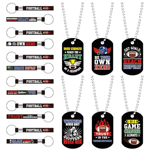 Yinkin 48 Pcs Football Gifts Bulk Include 24 Keychains and 24 Dogtag Necklaces with Sports Inspirational Encouraging Quotes for Students Teams Players Team Favors
