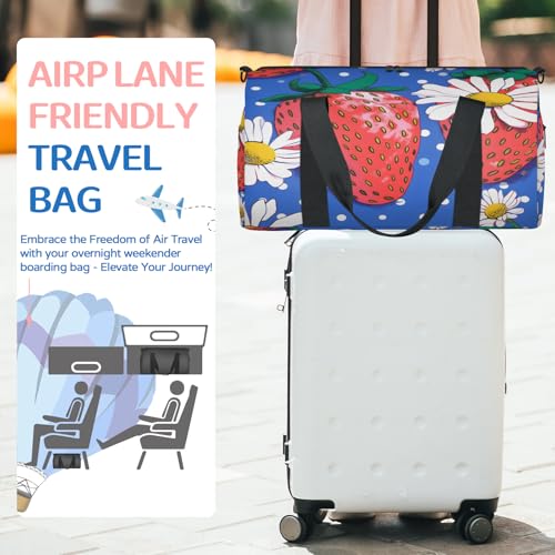 Cute Strawberry and Flower Travel Duffel Bag for Women and Men, Sport Tote Gym Bag Carry on Weekender Overnight Bags3