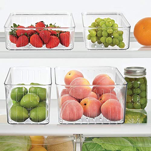 mDesign Plastic Kitchen Refrigerator Produce Storage Organizer Bin with Open Vents for Air Circulation - Food Container for Fruit, Vegetables, Lettuce, Cheese, Fresh Herbs, Snacks - M, 4 Pack - Clear