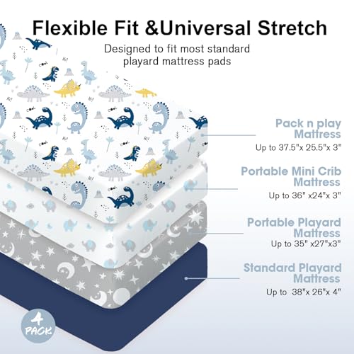 Image of Plushii Mini Crib Sheets 4 Pack, 38 inchx 26 inch Extra Soft Microfiber Pack and Play Fitted Sheet for Mini Crib & Pack and Play Mattress, Playpen Sheet Fitted for Baby Boys,Dinosaur