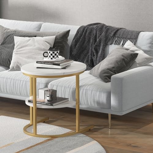 COSTWAY Nesting Coffee Table Set of 2, 31.5'' Modern Center Coffee Table and 20.5'' Small Sofa Side Table with Storage Shelf, Faux Marble Coffee Tables for Living Room, Apartment, Bedroom (Gold) - Image 8