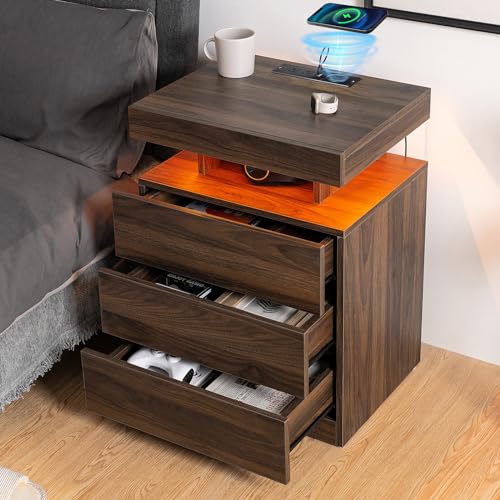 HOMMPA Mesita de noche LED con estación de carga inalámbrica y puertos USB, mesita de noche de alto brillo con luz LED RGB, brillo ajustable, mesita de noche inteligente, 3 cajones, mesita de noche