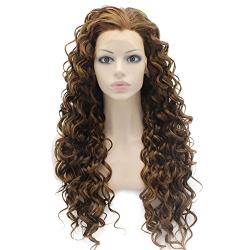 Mxangel Long Curly Heat Resistant Synthetic Hair Highlight Brown Celebrity Natural Half Hand Tied Stylish Lace Front Wig