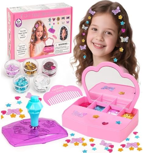 Hair Gem Stamper Kit, Sparkling Hair Jewels Styling Tool for Girls, Creative DIY Hair Art Crafts with Glitter Sequins, Birthday Party Gifts Toys for Girls Ages 3-12 Years Old (PurplePink)