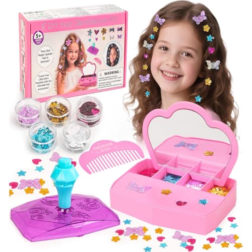 WooWee Hair Gem Stamper Kit, Sparkling Hair Jewels Styling Tool for Girls, Creative DIY Hair Art Crafts with Glitter Sequins, Birthday Party Gifts Toys for Girls Ages 3-12 Years Old