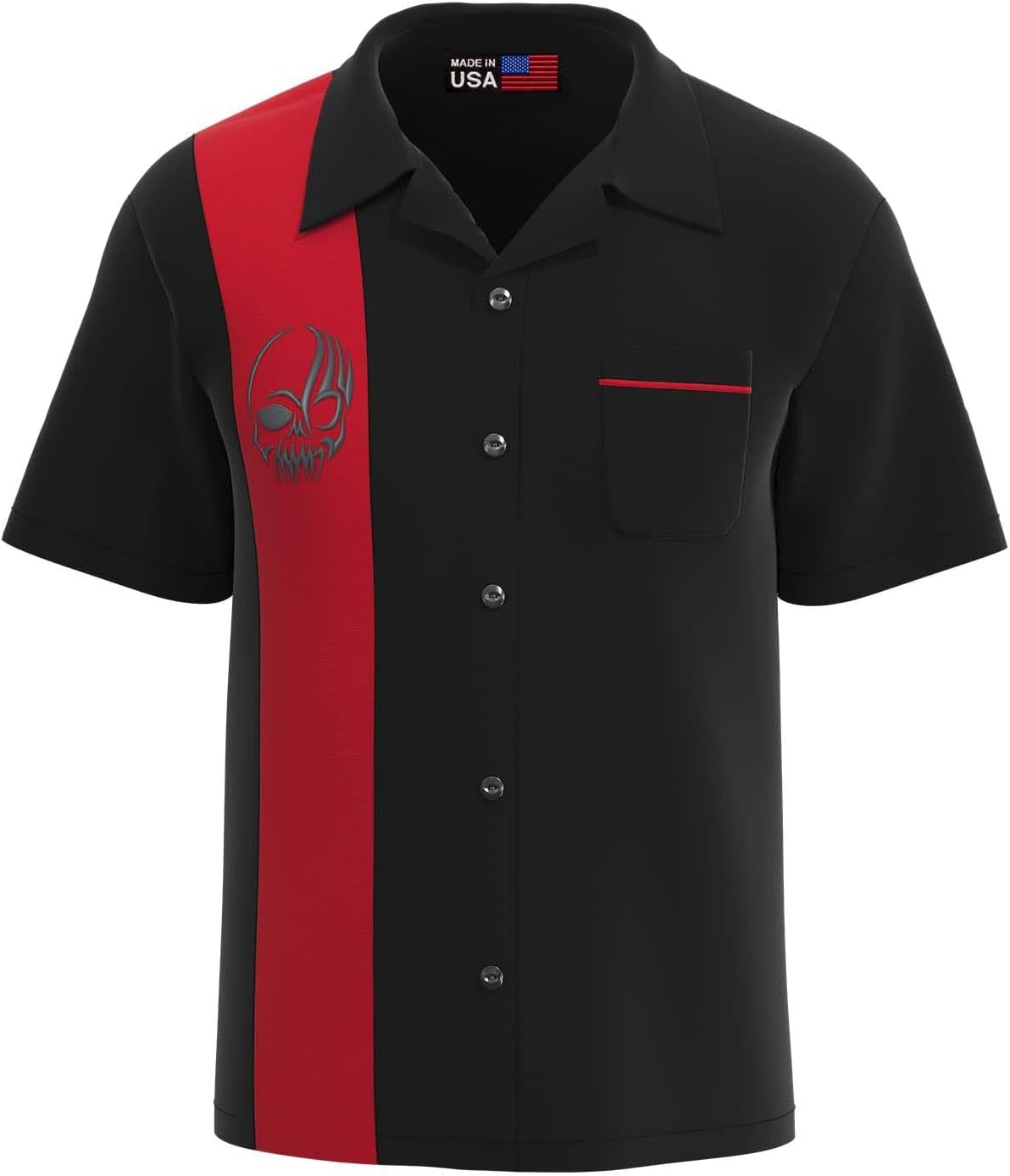 BeRetro Mens Black and Red Skull Short-Sleeve Button Down Shirt, Rockabilly, Bowling ~ IronSkull