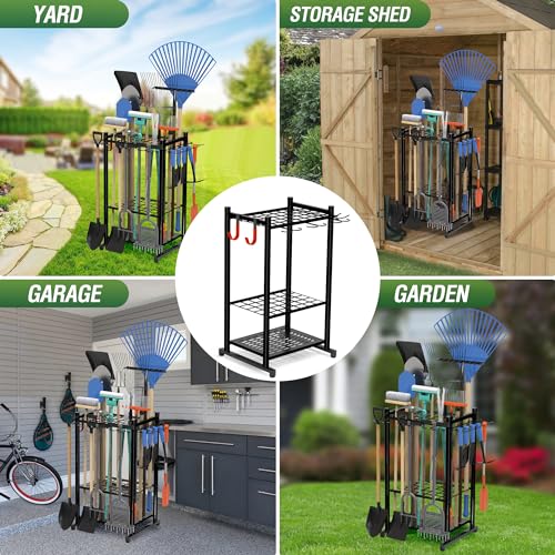 Garden Tool Organizer Rack Up to 50 Tools, Heavy-Duty Steel Yard Tool Organizer for Garage Storage with 11 Hooks, Broom Holder & Garden Tool Rack for Shed, Patio, Outdoor Use, Black - Image 6