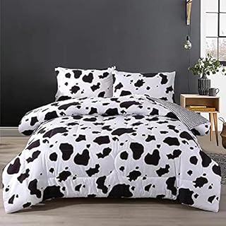 Mengersi Cow Print Comforter Set Full Size, Black and White Reversible All Season Plaid Grid Bedding Sets with 2 Pillow Shams for Kids Girls Boys