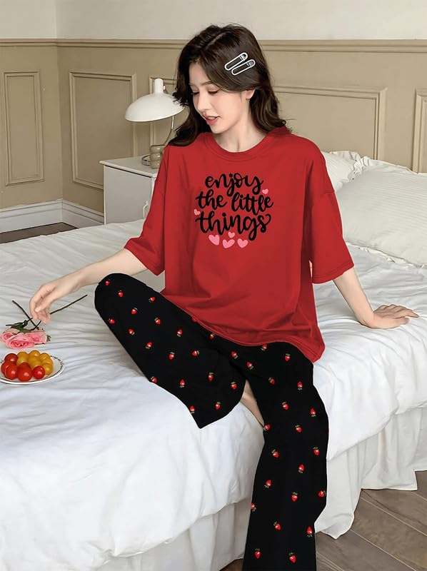Image of KSHS Printed Round Neck Short Sleeve Nightsuit Set | Pajama Set | Casual Night Dress for Women