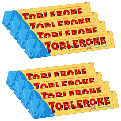 Image of Toblerone of Switzerland Swiss Milk Chocolate with Crunchy Almonds, 8 Pack Pouch, 8 x 100 g