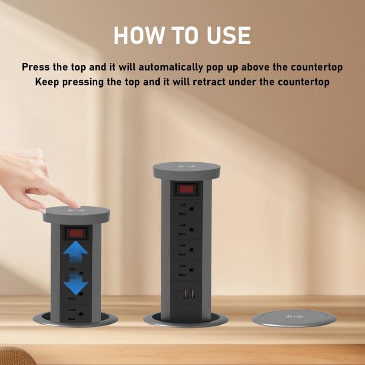 Miniatura 5 de Toma de corriente desplegable para encimera de 4.72 pulgadas con ojales de escritorio, PD20W, USB C, 4 tomas de corriente, 3 puertos USB, 1 cargador