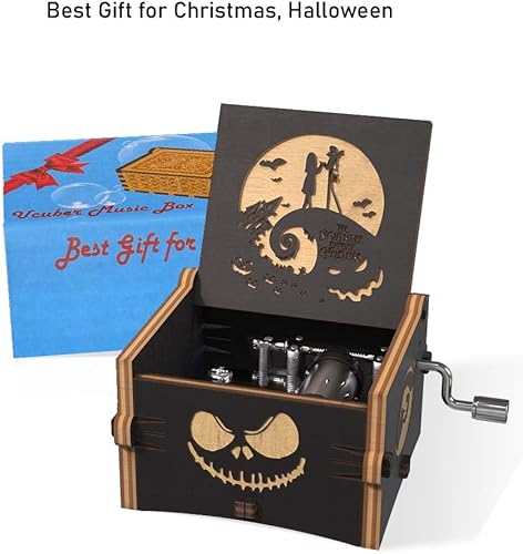 Vista 6 de Ucuber Caja de música de madera mini grabada "Before Christmas", melodía "This is Halloween", decoración para casa para Halloween, San Valentín