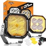 Auxbeam Color Play Series Flood Beam LED Pods, 3 Inch Offroad Lights 100W 11600LM, DRL & Turn Signal Function, Amber White Dual Color Lens Covers, Backup Reverse Off Roading LED Cubes Light Bar