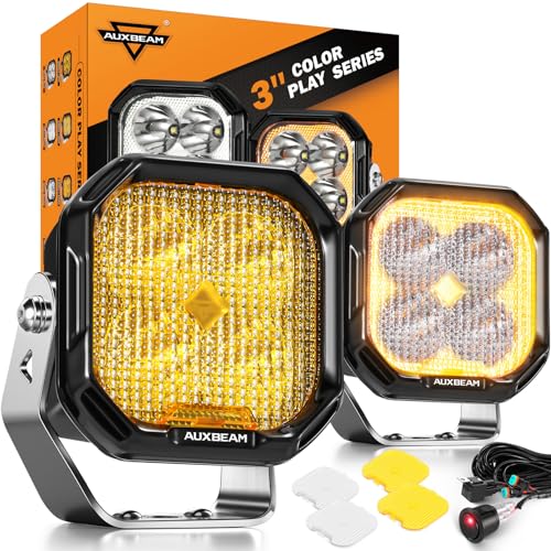 Auxbeam Color Play Series Flood Beam LED Pods, 3 Inch Offroad Lights 100W 11600LM, DRL & Turn Signal Function, Amber White Dual Color Lens Covers, Backup Reverse Off Roading LED Cubes Light Bar
