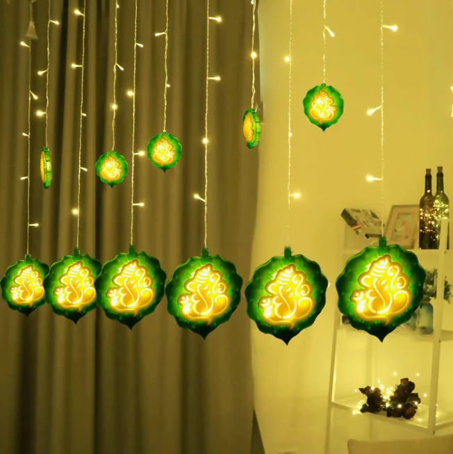 Homely Arts 12 Stars LED Diwali Lights Curtain String Lights Window Curtain Led Lights for Decoration with 8 Flashing for Christmas, Wedding, Party (Warm White) (Pan Leaf Ganesh Curtain)