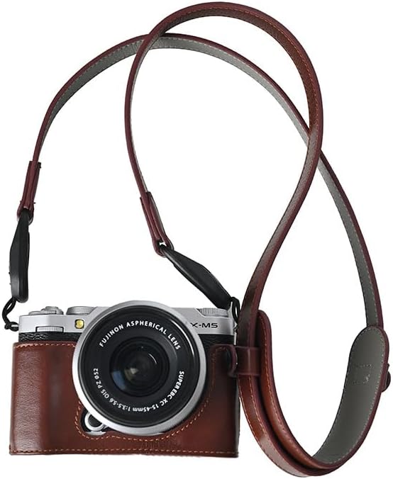 X-M5 Case, Handmade Genuine Real Leather Half Camera Case Bag Cover for Fujifilm X-M5 Bottom Opening Version + Neck Strap (Black)