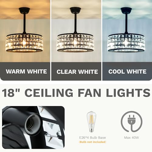 DWVO 18" Crystal Caged Ceiling Fans with Lights, Enclosed Modern Ceiling Fan with Remote Control Reversible Industrial Chandelier 3 Speeds, 3 Color Temperatures for Bedroom, Living Room, Dining Room