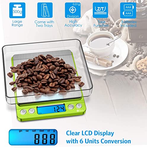 AMIR Digitale Taschenwaage, 500g x 0.01g Briefwaage, Feinwaage, Digitale Küchenwaage mit LCD-Display, PCS Funktion, Tara-Funktion, 6 Einheiten Konvertierung, für Kochen, Kaffee, Schmuck (Grün)