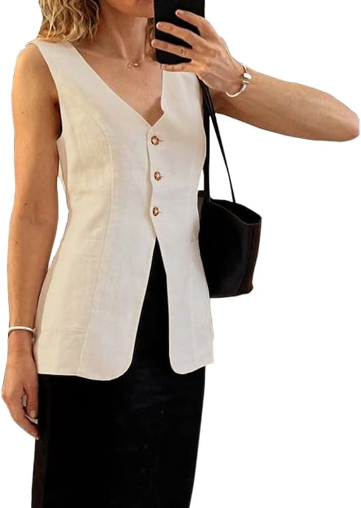 Melliflo Womens Summer Long Linen Vest Casual Sleeveless V Neck Button Down Tops Casual Summer Vest with Pocket