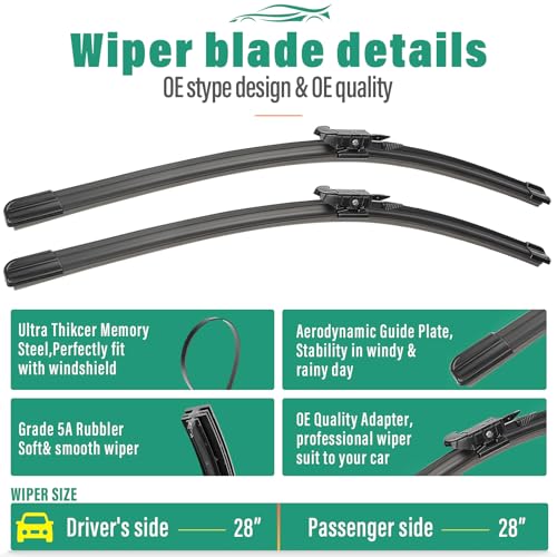 Image of 28 inch 28 inch 11 inch Windshield Wiper Blades Replacement for Ford Escape 2013 2014 2015 2016 2017 2018 2019 Premium All Weather Front Rear Wipers Set - OEM Quality (Pack of 3)