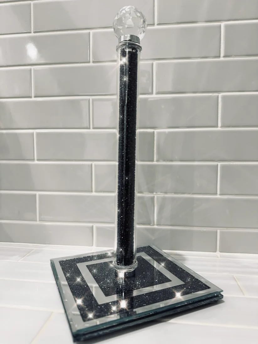 Shabjy Black Crushed Diamond Crystal Diamante Freestanding Chrome Paper Towel Roll Holder, 31Cm, Silver