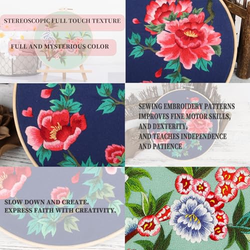 Image of FONNUY 2 Set Crewel Embroidery Kit for Beginners, Fantasy Floral Pre-Stamped Pattern Kits for Adults with Hoop, Easy to Follow Needlework, 8'' (Red)