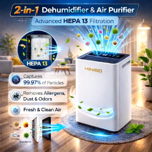 Image of HINISO 16L Smart WiFi Compressor Dehumidifier with HEPA 13 Air Purification for Home & Basement up to 3200 Sq.ft | Ionizer, 3.2L Tank, Auto Defrost, Quiet Operation
