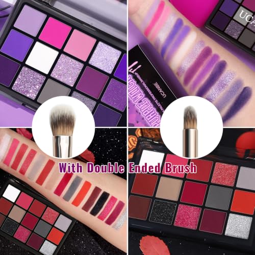 Image of UCANBE 2pcs Eyeshadow Palette Makeup Set, Red Purple 15 Colors Shimmer Matte Metallic Eye Shadow Pallet with Soft Brush Eye Make Up Kit for Halloween Cosplay Costume Joker Clown Vampire Witch Ursula