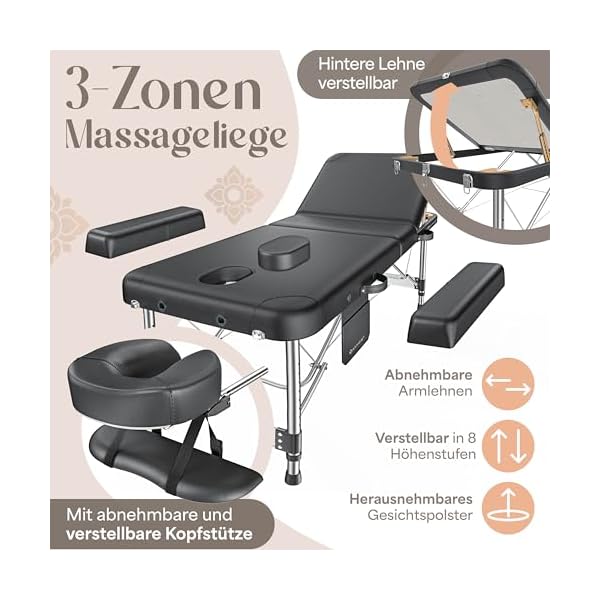 KESSER® Table de massage 3 zones jusqu'à 250 kg - Table de massage pliable et réglable - Mallette portable - Table de massage thérapeutique - Accessoires - Appuie-tête en aluminium - Accoudoir - Sac