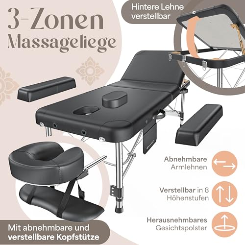 KESSER® Massageliege 3 Zonen bis 250kg, Massagetisch klappbar, verstellbar, tragbarer Koffer, Kosmetikliege, Therapieliege, Zubehör, Alu-Kopfstütze, Armlehne, Tragetasche, Anti Rutsch, 60cm, Anthrazit 3