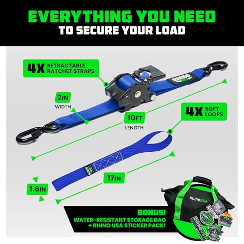 Image of Rhino USA Retractable Ratchet Straps (4-Pack) - 2 Inch x 10 Feet (3,033lb Break Strength) - Heavy Duty Auto Self Retracting Tie Down Straps for Truck, Cargo Trailer, Motorcycle, Rad & More - Blue