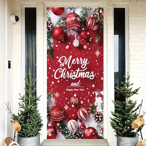 Saoplasa Merry Christmas Door Banner Happy New Year 35x71 Inch Red Christmas Front Door Cover with...
