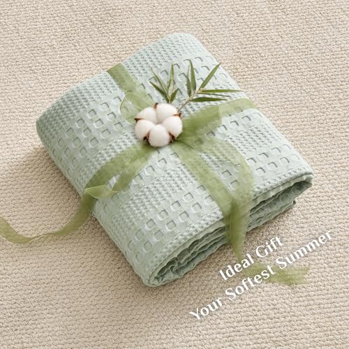 Image of BEDELITE Cooling Waffle Blanket Queen Size - Lightweight Breathable Cotton Summer Blanket of Rayon Derived from Bamboo for Hot Sleepers, Soft Throws for Bed, Couch and Sofa, Sage Green, 90x90 Inches